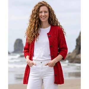 VTG Kilronan‎ Red Merino Wool Cable Knit Cardigan Ireland Fisherman Aran M